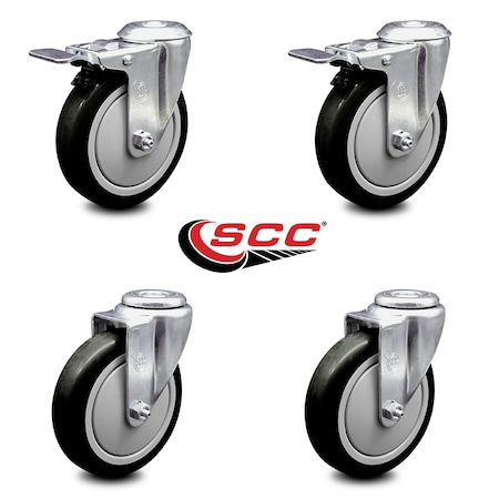 Service Caster 5 Inch Black Polyurethane Swivel Bolt Hole Caster Set with 2 Total Lock Brake SCC-BHTTL20S514-PPUB-BLK-2-S-2